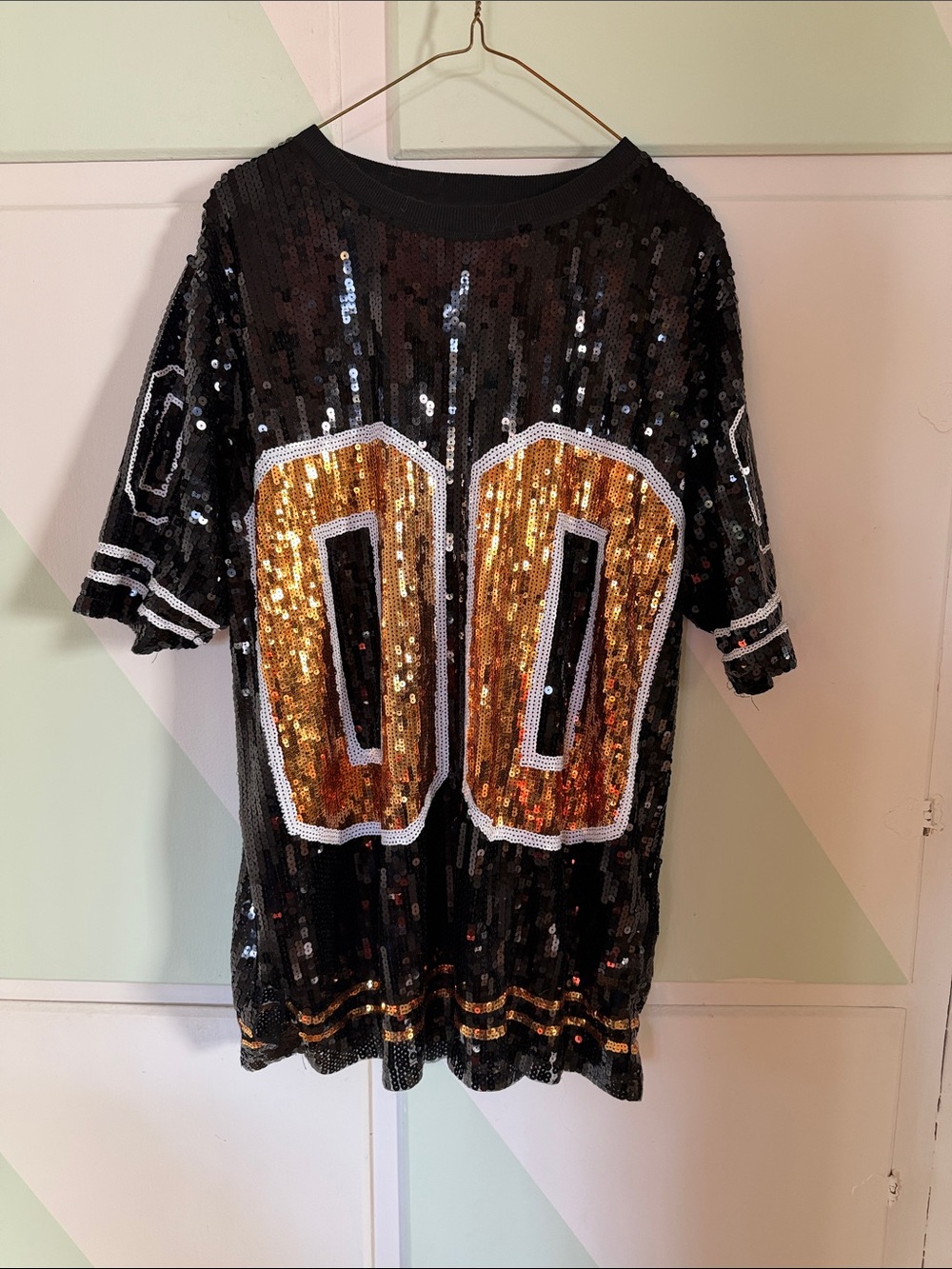 Black Sequin Jersey Top with Gold '00' Applique